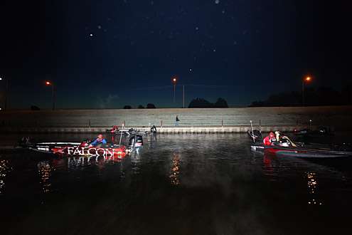 The top 12 launch their boats for the final day of the Bass Pro Shops Central Open #2 on the Arkansas River.