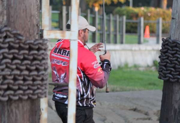 Barr has spent the majority of this tournament fishing a sweet spot behind a bridge piling.