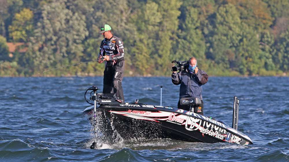 His trolling motor would occasionally breach throwing water onto whole scene. There's no question these guys are athletes.
