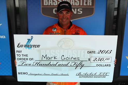Mark Goines secured the Livingston Lures Leader Award bonus of $250 for leading on the second day of the tournament.