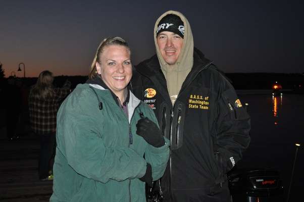 Lisa and Jeremy Percifield of Washington are bundled up in the mid-30s temps.