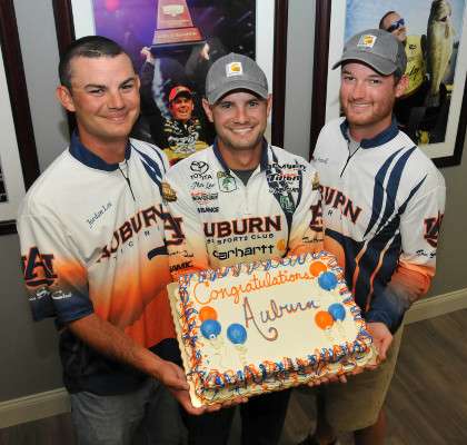 The Auburn anglers are welcomed to the B.A.S.S. headquarters with a cake sporting their schoolâs colors.