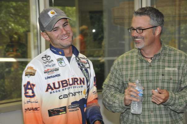 Matt Lee and James Hall share a laugh. The two have become friends and fishing buddies in the year since Lee qualified for the 2013 Bassmaster Classic.