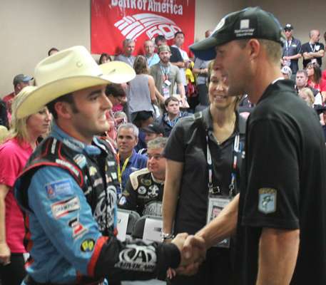 Aaron meets Austin Dillon in the driver's meeting. Nice hat, Austin!