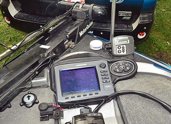 Up front, Howell looks at a Lowrance HDS 8, can cut on his HydroWave and lower and raise his Power-Poles at the touch of a button. A MotorGuide trolling motor gets him moving.