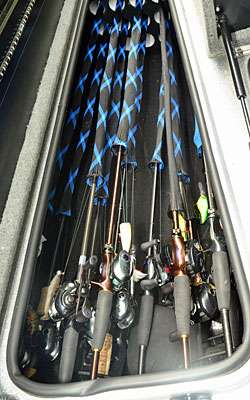 Inside his left-hand-side rod locker are piles or Daiwa rods and reels. He likes the Zillion, Steez and new Tatula reels and Steez rods. Note the color-coordinated Rod Gloves.