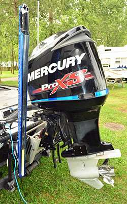 Here's one of the reasons his Triton is so fast: the high-revving 250-horse Mercury Optimax ProXS.