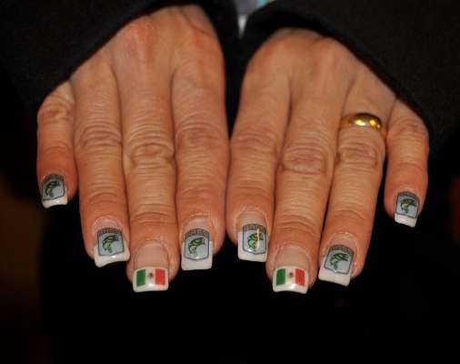 Gisela Trevino, wife of Mexico B.A.S.S. Nation president Manuel Trevino, had her nails customized to reflect what she cares most about this week â her country performing well in the championship.