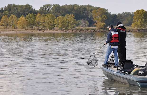 The fish breaks the surface as Wood waits with the net.