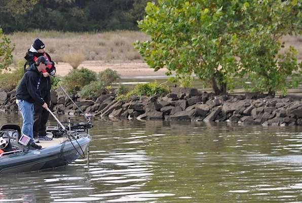 Heaton hooks up on his first cast at the new fishing spot.