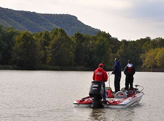 Volkernick and Winslow fish in the shadow of Petit Jean Mountain on Pool 9 of the Arkansas River.
