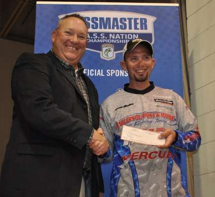 Everyone who caught a daily Carhartt Big Bass in the 2013 B.A.S.S. Nation Championship was then presented with a check from Carhartt. Drew Sadler of Kentucky caught a 6-pound, 1-ounce bass on the first day.