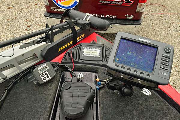 <p>Dove's office: A big Minn Kota Fortrex 101-thrust trolling motor keeps him moving, a HydroWave excites bass, and a Lowrance HDS8 lets him know what's going on down there.</p>
