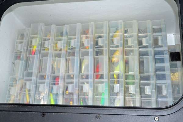 <p>Beneath the terminal tackle Plano boxes and the magical towel are his hardbaits. They're organized by depth: On the far left are topwaters, and on the far right are his deep-diving crankbaits. Everything in between is, well, in between.</p>
