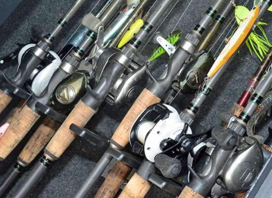 <p>Shimano reels and Powell rods dominate. Notice all the smallie baits tied on. He was at Erie, after all.</p>
