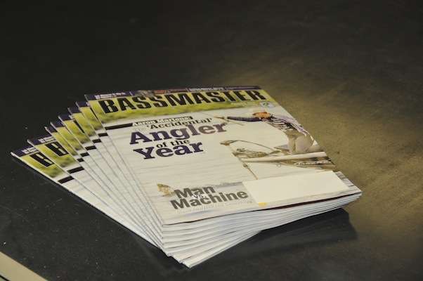 <p>A stack of the current issue of <em>Bassmaster</em> Magazine, featuring 2013 Toyota Bassmaster Angler of the Year Aaron Martens, awaits Martens' arrival at the B.A.S.S. headquarters in Birmingham, Ala.</p>
