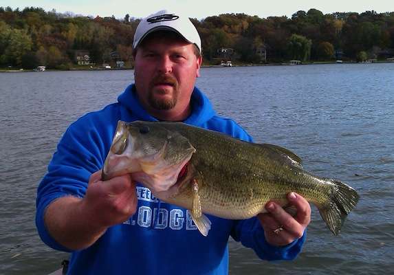 Ben Boettcher caught this bass from Whitewater Lake, Wis., this October. Boettcher used a Booyah Super Shad four-blade spinnerbait with Berkley Sabre Tail Grub trailer on 8-pound Berkley Vanish Transition line.