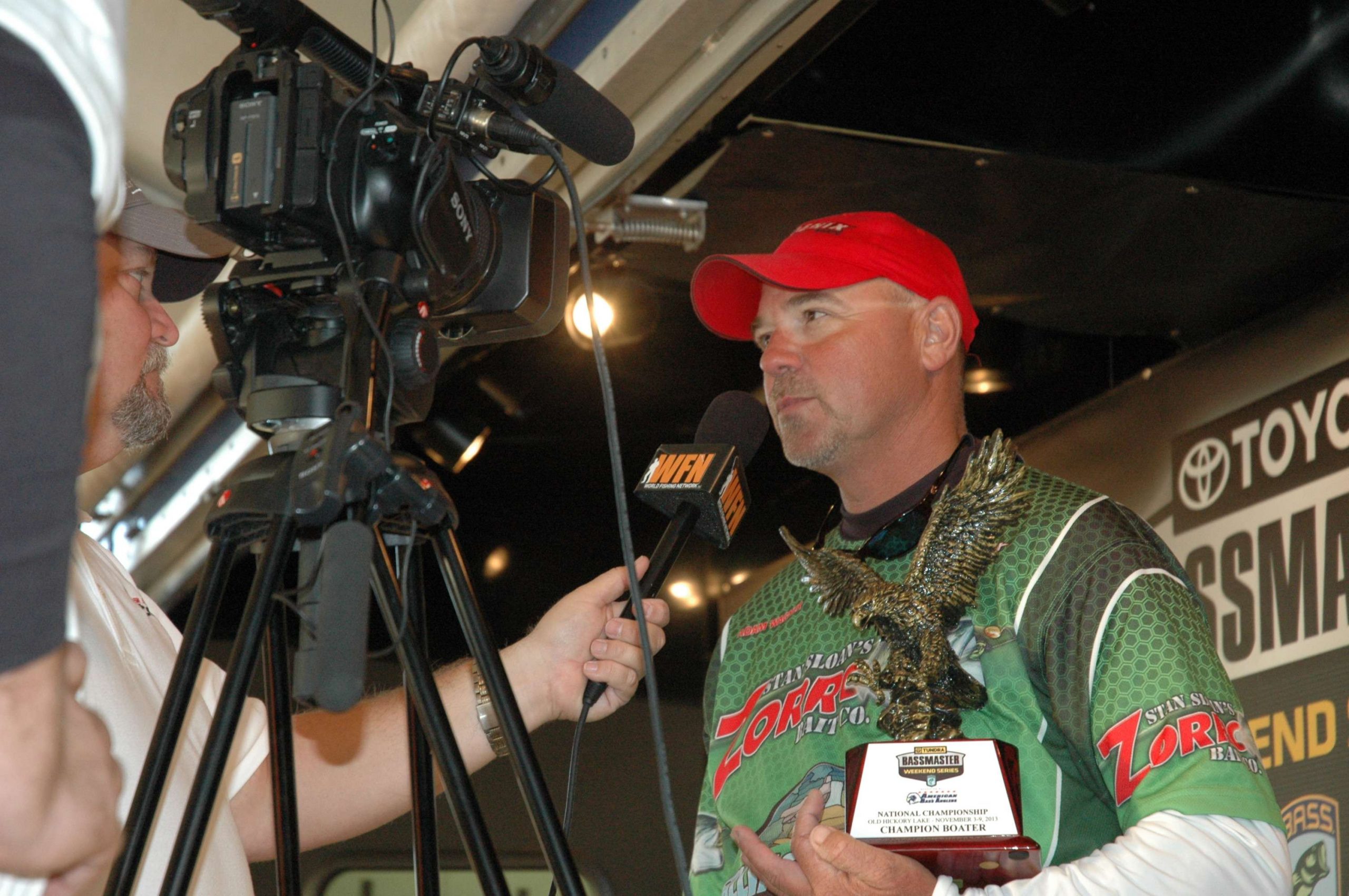 Adam Wagner faces the media for a TV interview following his win at the Toyota Bassmaster Weekend Series National Championship.