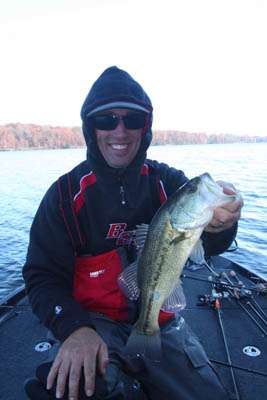 1:04 p.m. Myers bags a 1 1/2-pound bass, his fifth keeper of the day, on a jerkbait.