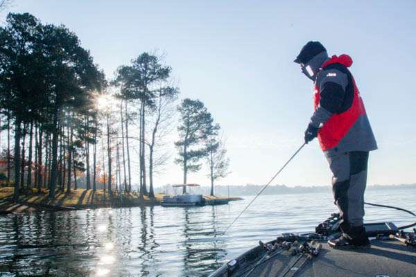 8:15 a.m. Hunting for suspending bass, Myers backs his boat farther off the bank and casts a Zoom Super Fluke.