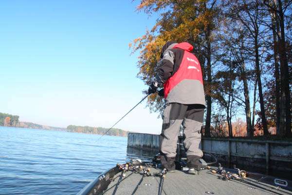 8:18 a.m.  Myers fishes a retaining wall on Lake L.