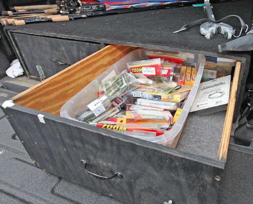 <p>Drawers within the storage container include bins of soft plastics and other extra lures not needed in his boat for this event.</p> 