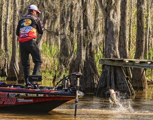 <p>Kevin VanDam has a Sabine River bass on the hook. </p> 