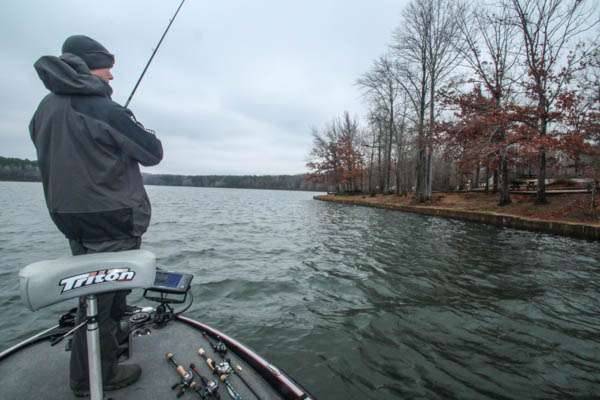10:54 a.m.  VanDam slams the hook into a big fish that picked up his jig.