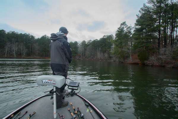 12:39 p.m. VanDam probes a deep pocket off the main lake with a jerkbait.