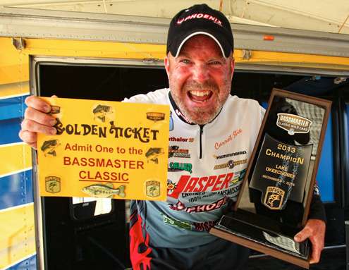 And what a victory to celebrate - one that earns him the coveted golden ticket to the 2014 Bassmaster Classic!
