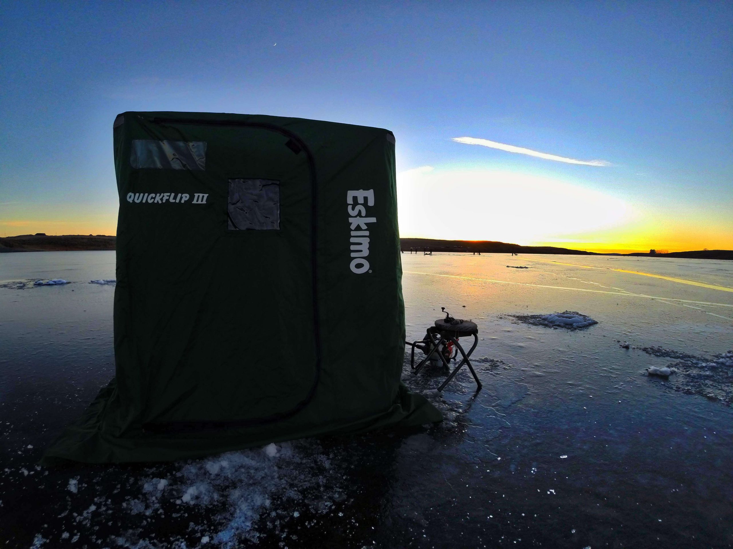 A couple of years ago Palaniuk took advantage of a going-out-of-business sale at a local outdoors store to get geared up for an occasional ice-fishing trip. He didn't set it up over every hole drilled in the ice that day, but the Eskimo Quickflip III came in handy once the wind started blowing across the frozen lake. 