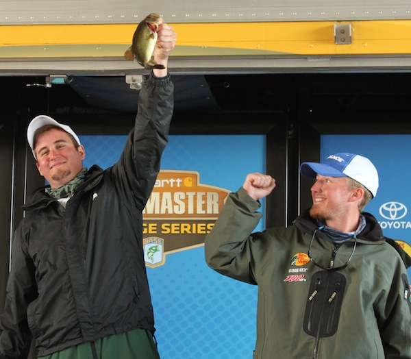 <p>Mitch Mitchell and Evan Reid of Auburn won the small bass of the day award, weighing 15 ounces. </p>

