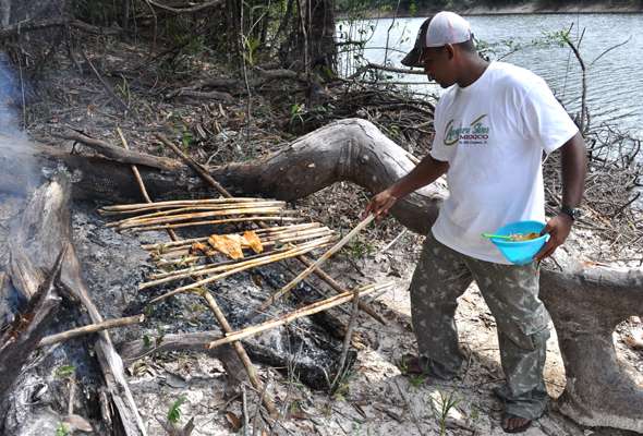<p>Joshua Cruz, a former eco-tourism guide in the Amazon, is operations manager for Anglers Inn Amazon. He said picking the right saplings for the impromptu grill for a shore lunch is crucial. Some species have poisonous sap. </p>
