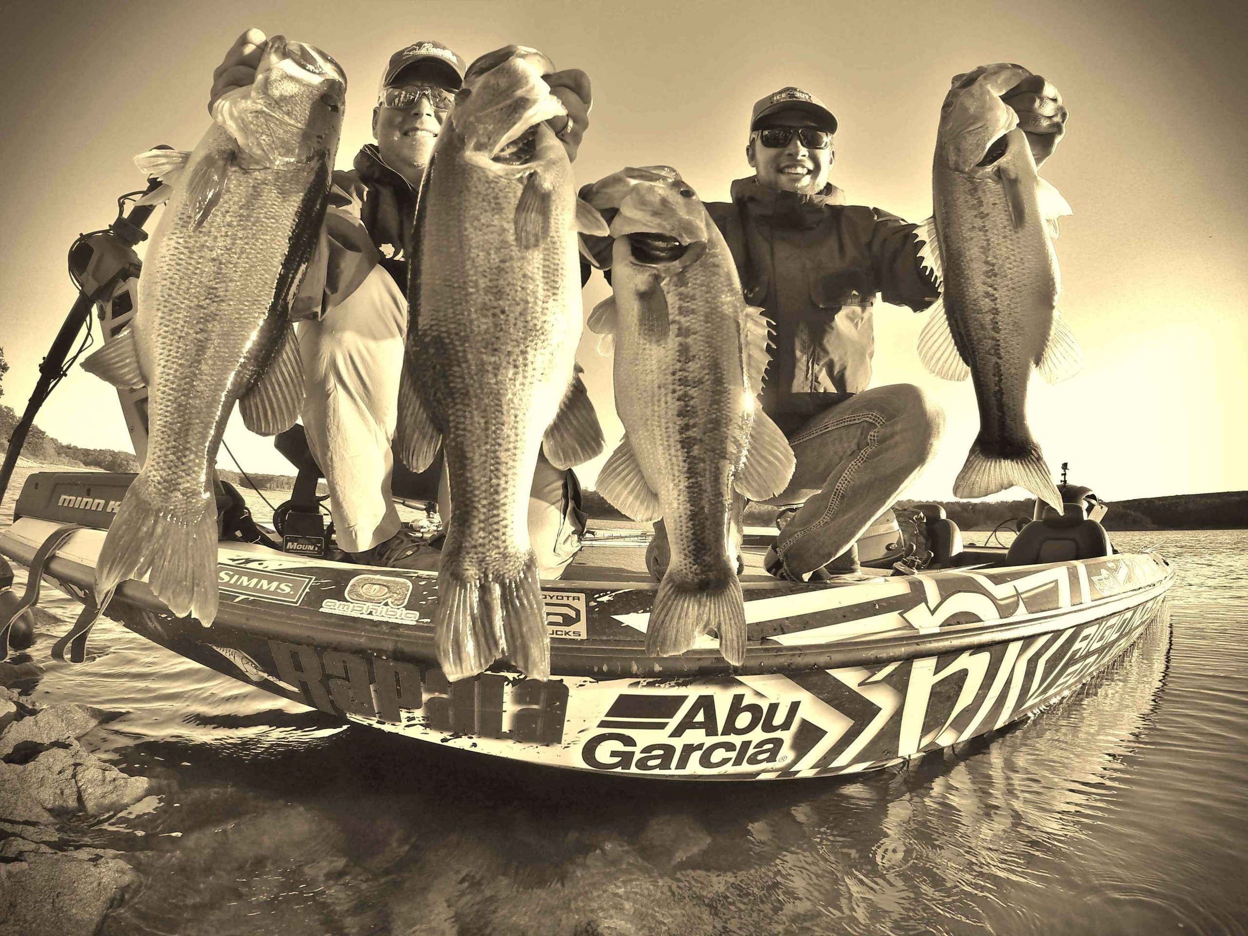 Palaniuk and Kevin LeDoux display their four biggest bass after a day on Lake Arbuckle near LeDoux's hometown of Choctaw, Okla. Palaniuk once again demonstrated his creativity with a GoPro â choosing a black-and-white version for this shot. 