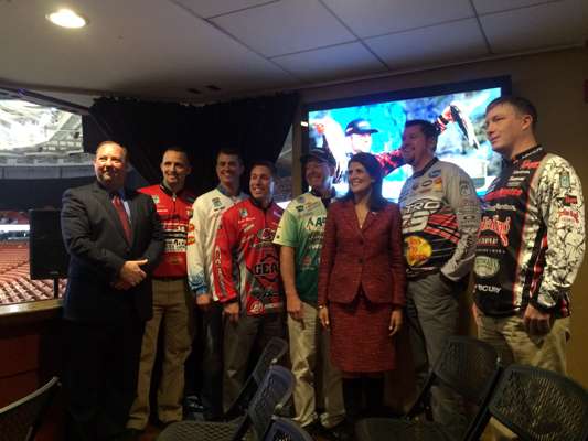 Elite Series pros from the Carolinas also were onhand for the announcement and were excited to be returning to Lake Hartwell in 2015. Pictured from left to right: B.A.S.S. CEO Bruce Akin, Elite Series pros Marty Robinson, Casey Ashley, Britt Myers, Davy Hite, South Carolina Gov. Nikki R. Haley, Jason Williamson and Andy Montgomery.
