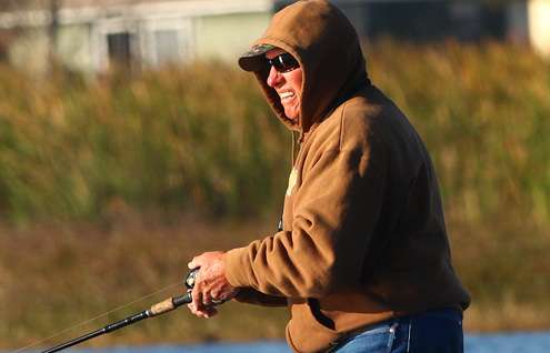 Roland Martin was bundled up on a cool start to Day One of the Bass Pro Shops Southern Open #1 presented by Allstate.