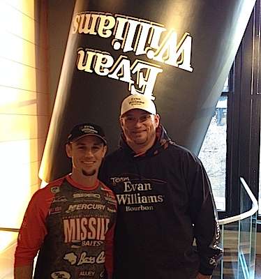 Elite Series anglers John Crews and Hank Cherry pose in the gift shop on the second floor. 