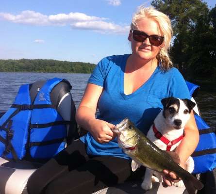<p>"My Jack Russell Terrier, Sharoo, has glaucoma and is legally blind," said Rebecca Jolley, "but she can smell a bass a mile away and loves to kiss them before I throw them back!"</p>
