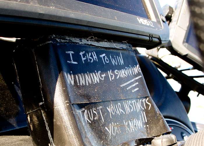 Fred Roumbanis has these words of encouragement taped to the console of his boat. 