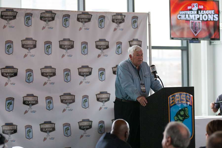 B.A.S.S. Co-Owner Don Logan addresses the media at Regions Field. 