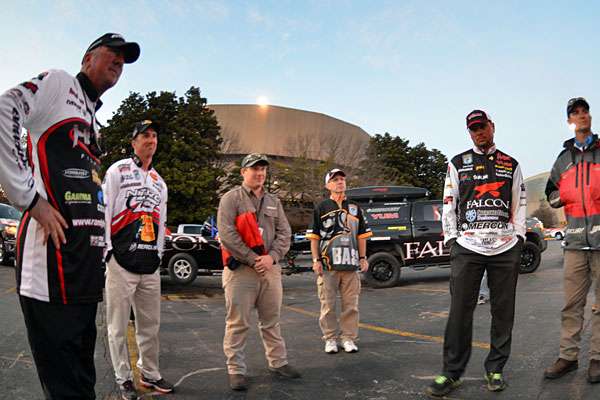 Before their entrance, the Super Six anglers are briefed on how their elaborate entrance will go.