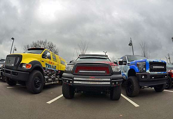 From left to right are Skeet Reeseâs Ford Super Truck, Palaniukâs Rigid Tundra and Monroeâs monster Ford.