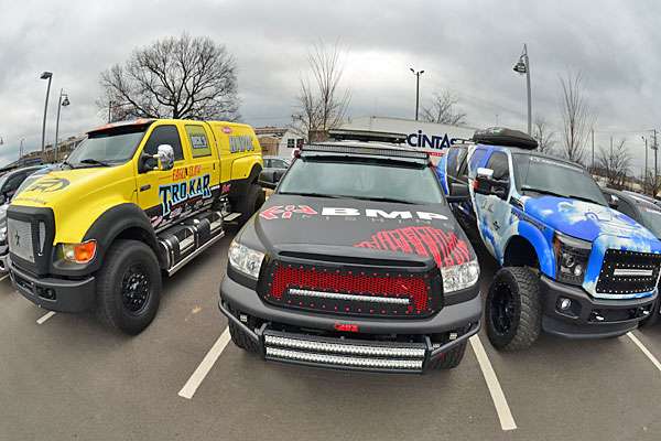 From left to right are Skeet Reeseâs Ford Super Truck, Palaniukâs Rigid Tundra and Monroeâs monster Ford.