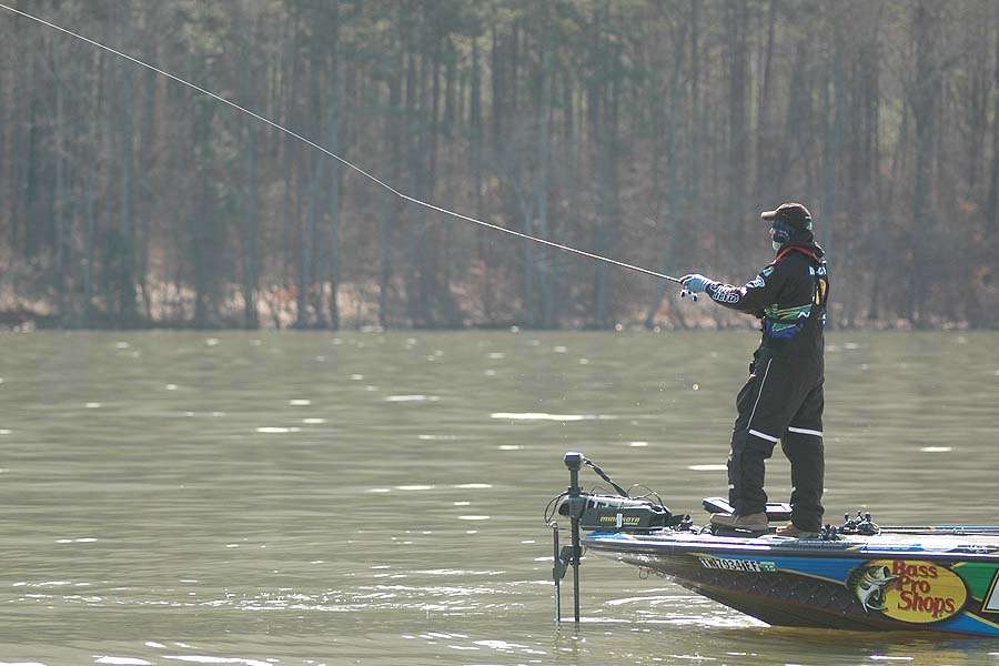 After a long dry spell, DeFoe changes tactics and fishes grass on shallow humps and ridges on the main lake. His primary lures were a jerkbait, a shallow crankbait and a swimbait.