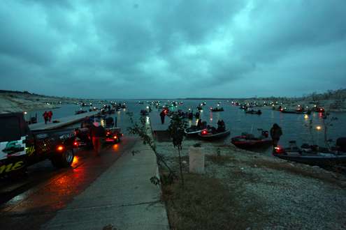 Ominous clouds hang over Diablo East Marina at daybreak on Lake Amistad on Day One of the Bass Pro Shops Central Open presented by Allstate.