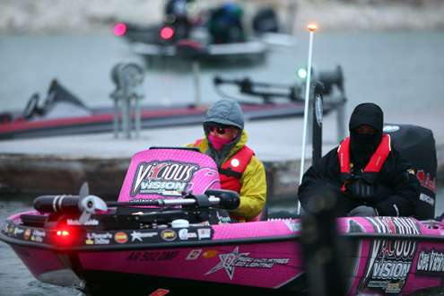 Kevin Short and an unidentified man presumed to be his co-angler get ready for the cold on Lake Amistad. 