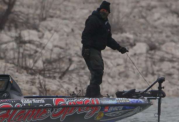 Eddie Norris pulls his trolling motor up to make a move. 