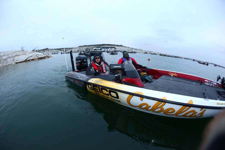 Arkansas pro Mike McClelland passes through the inspection line to begin his day on Lake Amistad. 
