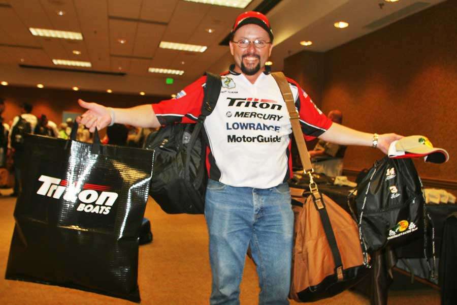 Jeff Lugar, the B.A.S.S. Nation qualifier from McGaheysville, Va., shows off his load of products given to the anglers.