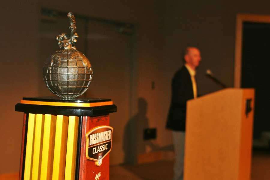 Trip Weldon begins the angler meeting with the Classic trophy taking center stage.
